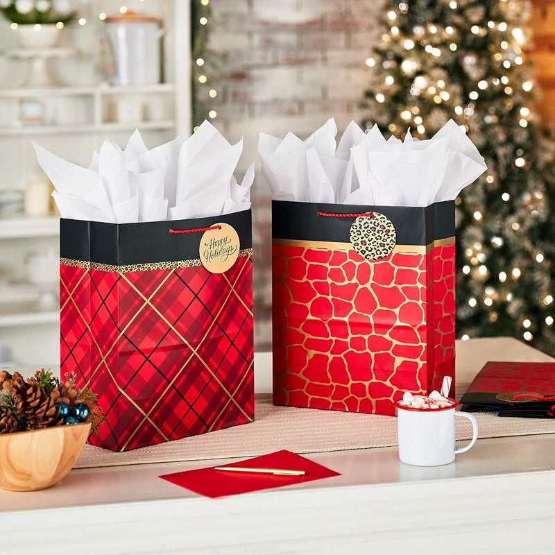 Hallmark 13" Christmas Gift Bags - Red, Gold and Black Plaid, Leopard Print, Giraffe Print (4 Large Gift Bags) for Holiday Parties, Hanukkah, Winter Weddings - Image 2